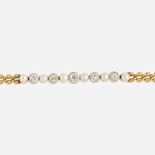 Antique cultured pearl and diamond bracelet