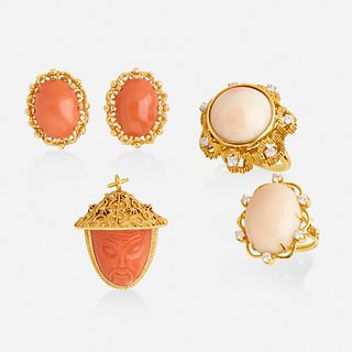 Group of coral and gold jewelry