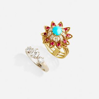 Three stone diamond ring and turquoise, ruby, and diamond ring