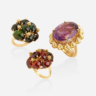 Three gold and gem-set rings
