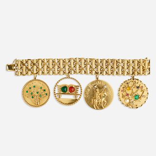 Gold and gem-set charm bracelet