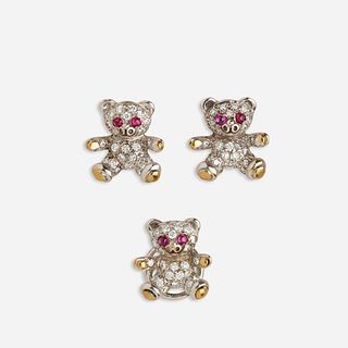 Diamond and ruby teddy bear earrings and sweater pin
