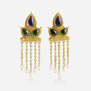 Gold, cultured pearl, and gem-set earrings