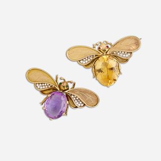 Two diamond and gem-set bug brooches