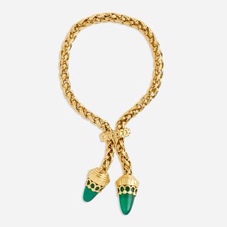 Green chalcedony and gold tassel bracelet