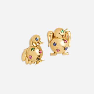 Pair of gem-set baby chick brooches