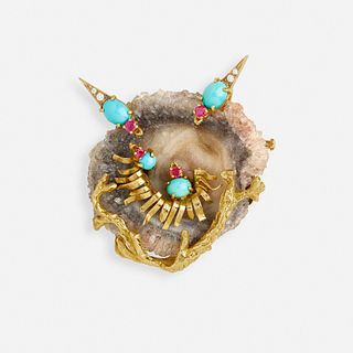 Geode and gem-set bird brooch