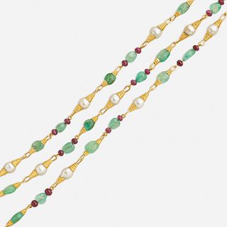 David Webb, Emerald, ruby, and cultured pearl necklace