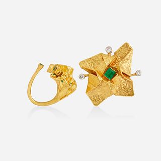 Jorn Peter Haut, Gold, emerald, and diamond brooch and ring