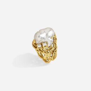 Arthur King, Baroque cultured pearl and diamond ring