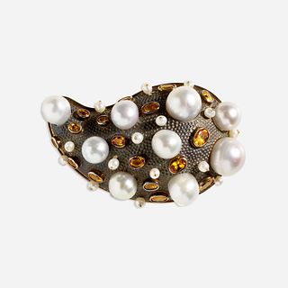 Marilyn Cooperman, Citrine, cultured pearl, sterling silver, and gold brooch