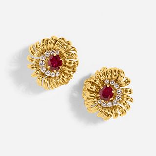 French ruby, diamond, and gold ear clips