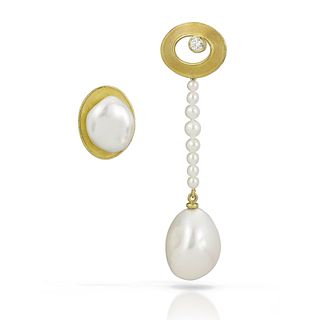 Asymmetric baroque pearl, diamond and 18K yellow gold earrings