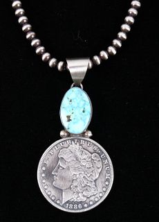 Navajo Kingman Turquoise Morgan Dollar Necklace