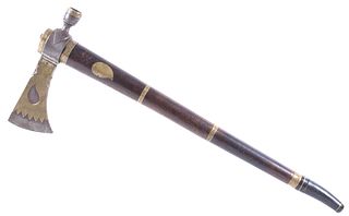 Eastern Indian Pipe Tomahawk w/ Brass Inlay 19th C