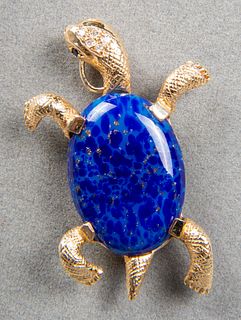 14K Diamond, Sapphire & Hardstone Turtle Brooch