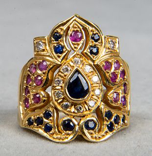18K Yellow Gold Diamond & Sapphire & Ruby Ring