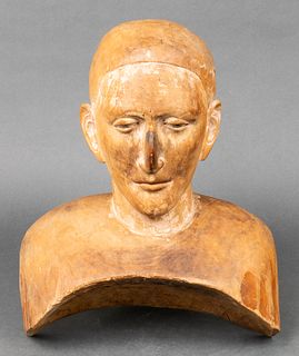 Folk Art Carved Wood Bust of a Man Sculpture