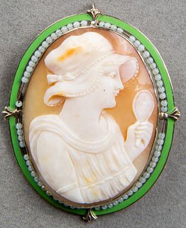 14K White Gold, Enamel, Cameo & Seed Pearl Brooch