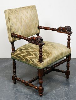 English Jacobean Style Lion Carved Hall Chair