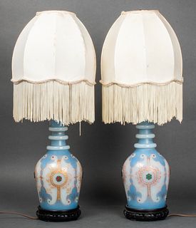 Victorian Hand Painted Glass Table Lamps, Pair