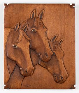Gladys Clauson "Horses" Folk Art Wood Plaque
