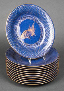 Wedgwood Cobalt & Gilt Porcelain Fish Plates, 12
