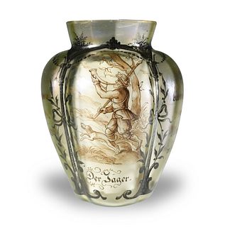 Painted Glass Vase with Hunters, 19th Century