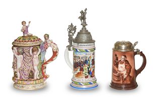 3 Antique Beer Steins, Late 19th - Early 20th C.