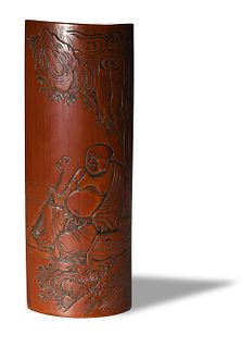 Carved Bamboo Arm Rest Depicting Budai, 19th Century