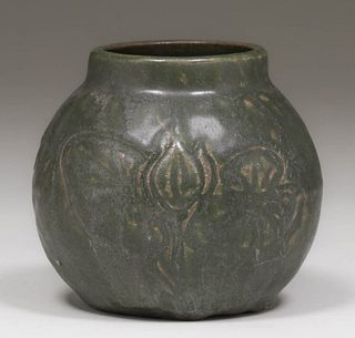 Dark Matte Green Carved Art Pottery Vase c1910