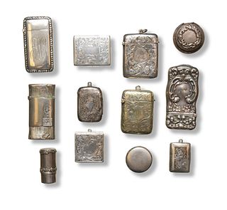 12 Sterling Silver Vestas, Pillboxes, Stamp Case