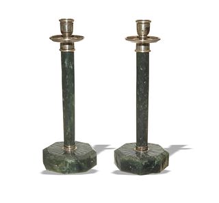 Pair of Sterling Mounted Spinach Jade Candlesticks