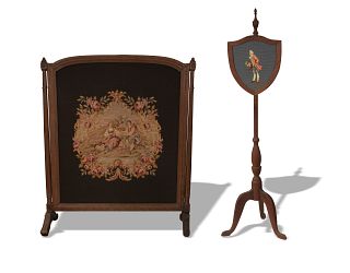 2 Needlework Fireplace Screens, Early-20th Century