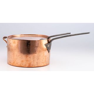 A Large English Lidded Copper Saucer Pan with Crown Engraving