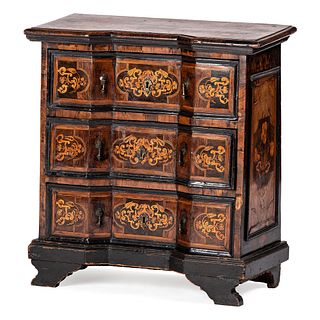 A Continental Block Front Fruitwood Marquetry Chest of Drawers