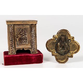 A Gilt Metal Madonna Plaque and Miniature Cabinet
