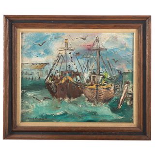 Edward Rosenfeld. Boats at Dock, oil on canvas