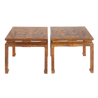 Pair of Chinese Pyrography Decorated Side Tables