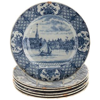 Six Dutch Blue/White Delftware Scenic Plates