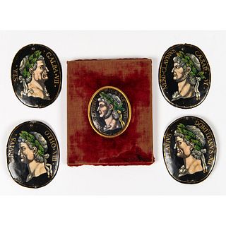 Five Limoges Roman Emperor Portrait Plaques, In the style of Jacques Laudin