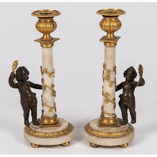 A Pair of Louis XV Style Marble Candlesticks