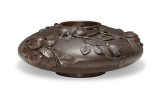 Japanese Bronze Pot with Birds and Persimmon