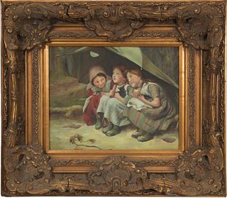 Oil on Canvas of Three Young Girls with Kittens