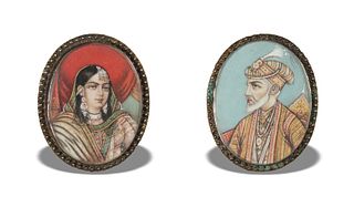 Pair of Hand Painted Mughal Portrait Sterling Pins