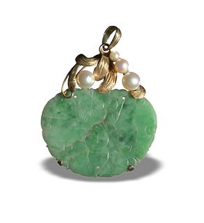 14K Gold, Pearl and Carved Jadeite Pendant