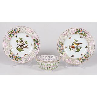 Two Herend Rothschild Reticulated Plates and Basket