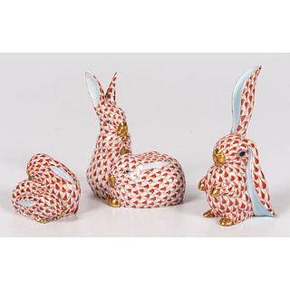 Three Herend Porcelain Fishnet Rabbits