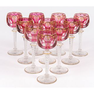A Set of Bohemian Cut Glass Wine Goblets, Attr. to Moser