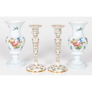 A Pair of Bristol Milk Glass Vases and A Pair of Glass Candlesticks